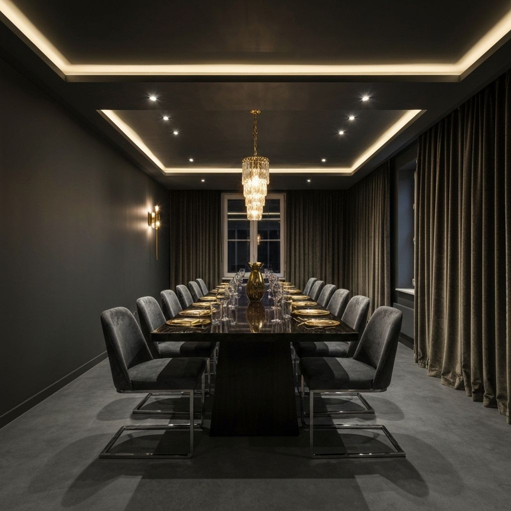 Modern dining room with dark theme