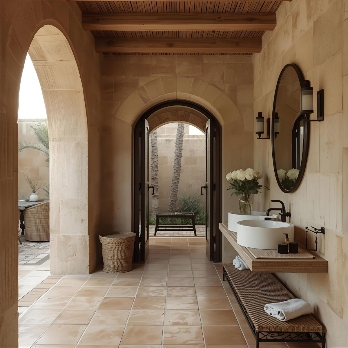 Outdoor terrace with sea-inspired view