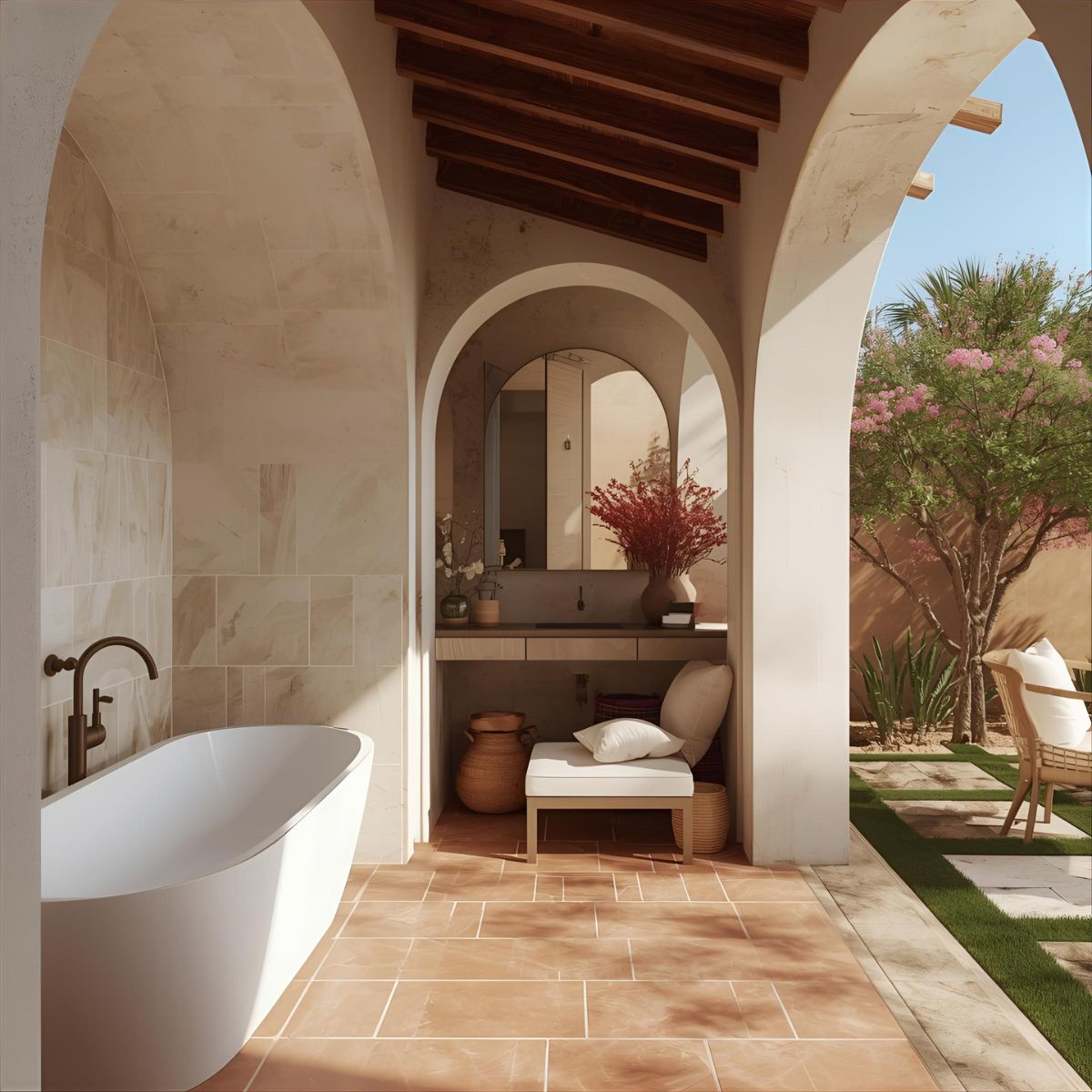 Outdoor terrace with sea-inspired view