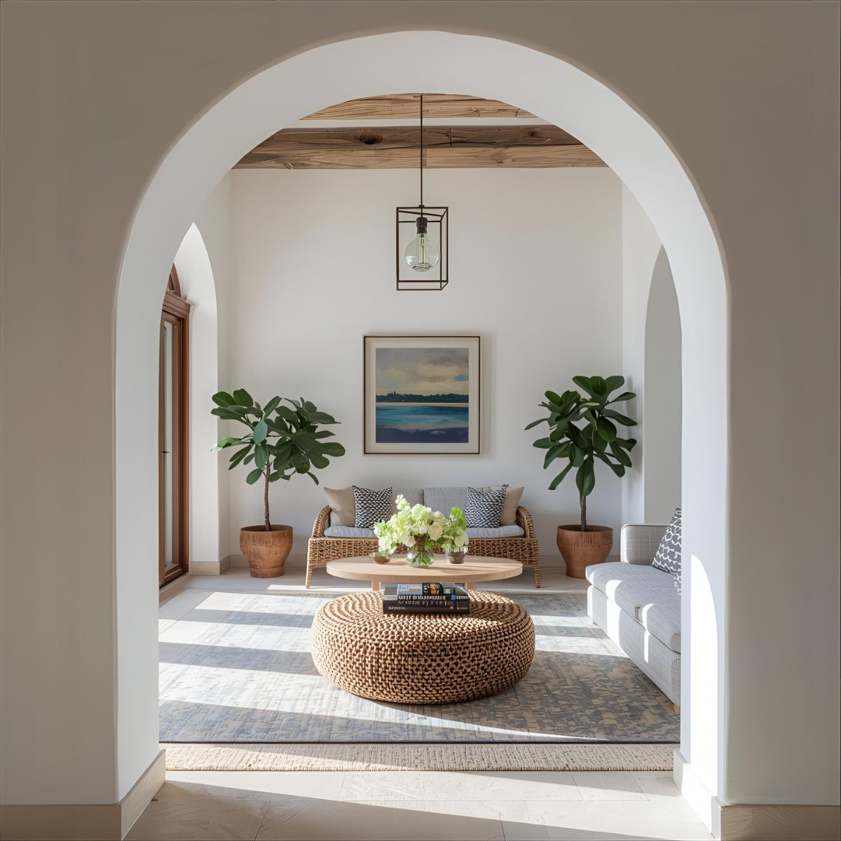 Dining room with terracotta flooring and rustic wood table