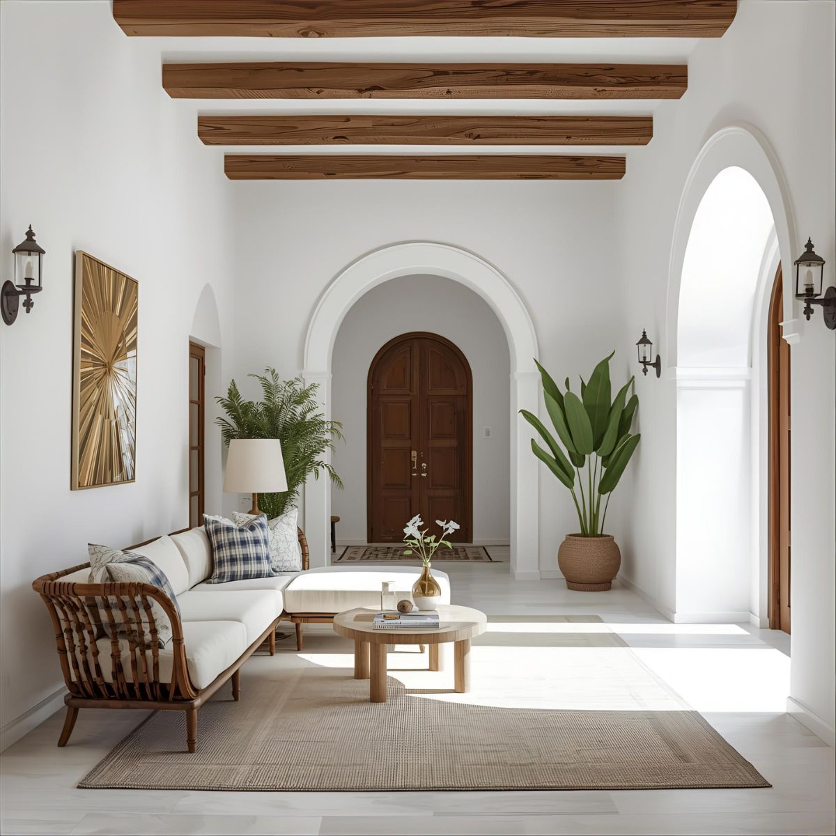 Bedroom with whitewashed walls and soft fabrics