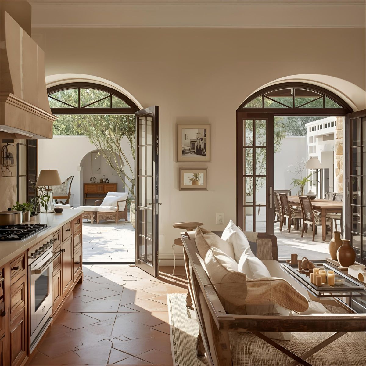 Outdoor terrace with sea-inspired view