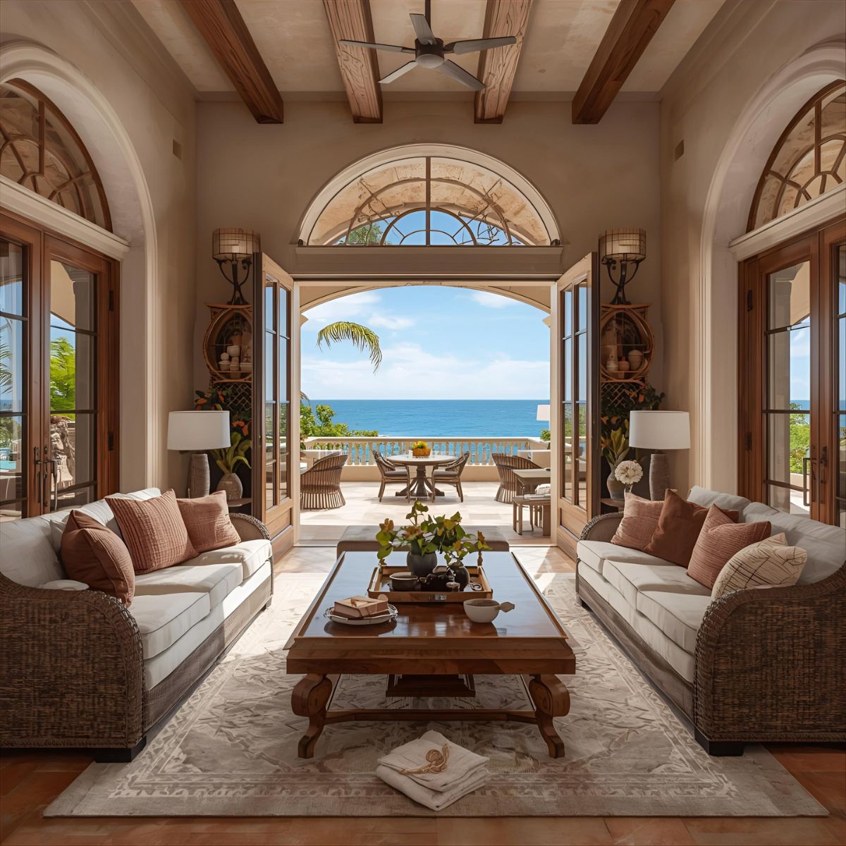 Outdoor terrace with sea-inspired view